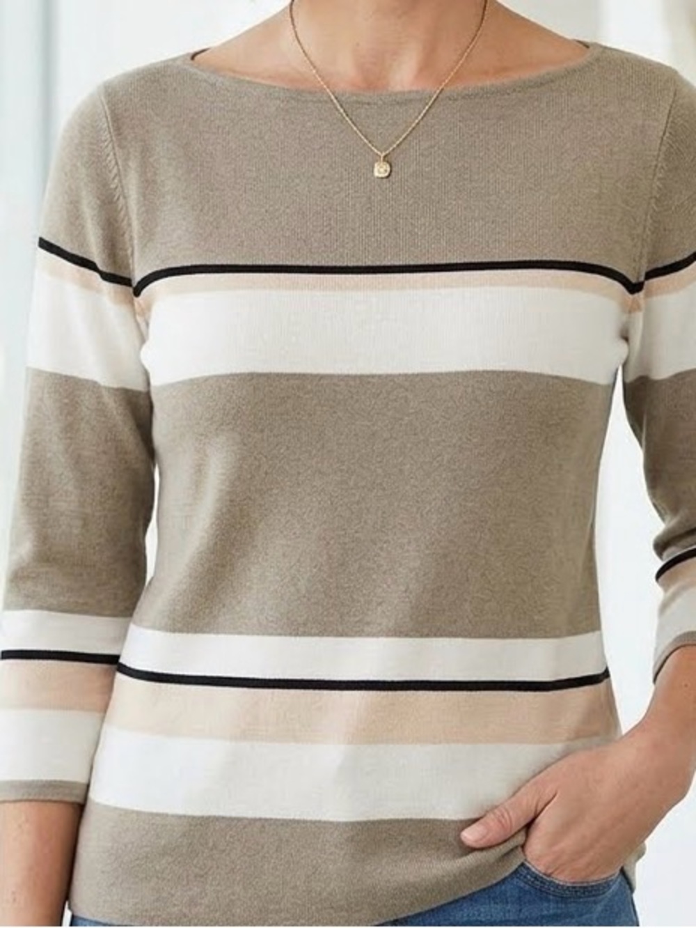 Jeannie Pierre Cotton Khaki and Cream Striped Sweater sz S Vintage EUC